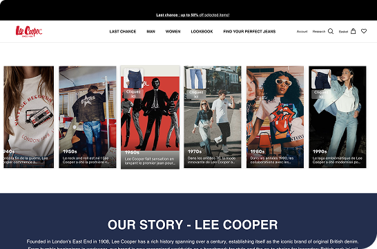 Lee Cooper website timeline displaying fashion styles from the 1940s to 1990s with images of people wearing denim and vintage clothing.